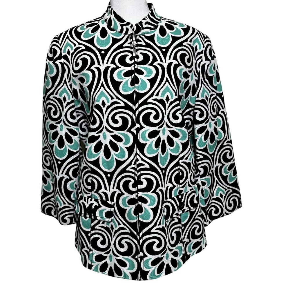 Samantha Grey Womens 10 Damask Print Zip Front‎ Jacket Teal Black White Mandarin